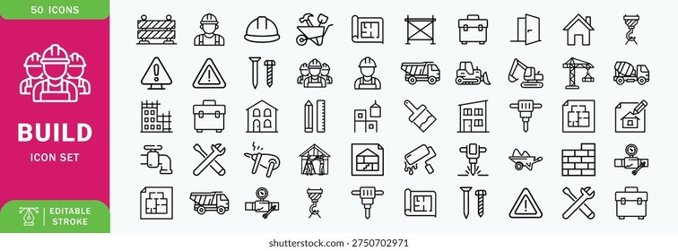 Construction or build line editable icon set. Contain icons related to build, construction, building, architecture, worker, and more. Editable stroke. Vector illustration