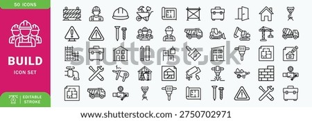 Construction or build line editable icon set. Contain icons related to build, construction, building, architecture, worker, and more. Editable stroke. Vector illustration