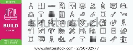 Construction or build line editable icon set. Contain icons related to build, construction, building, architecture, worker, and more. Editable stroke. Vector illustration