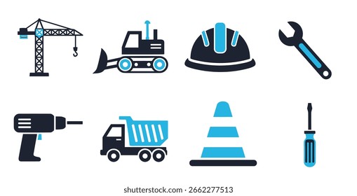 Construção e construção de coleção de ícones de vetor com ferramentas esquematizar capacete e símbolos de trabalho
