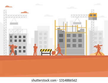 Construction builder cartoon. Building and construction industry cartoon background. Construction process - Vector illustration