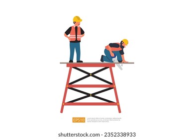 Construction Builder Character vierte una tabla con una sierra de mano. Ilustración vectorial del trabajador de la construcción