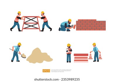 Construction Builder Character Set. Carry and Move Scaffold Stair, digging sand Material, installs fencing warning cones on road, Building a Brick Wall. Vector Illustration of Construction Worker