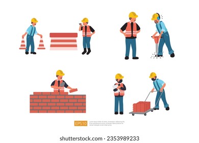 Construction Builder Character Set. installs fencing warning cones on road, worker drills road surface with jackhammer, Building Brick Wall, Carrying Brick. Vector Illustration of Construction Worker