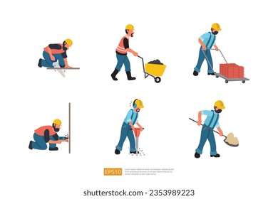 Construction Builder Character Set. Builder with Shovel, Worker with Wheelbarrow Carrying Sand, Hand Drill Work, Wheelbarrow Carrying Brick, Working With Jackhammer. Vector Illustration Construction