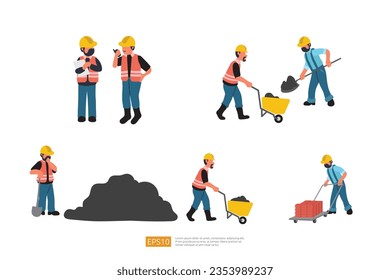 Juego de caracteres de Constructor. supervisor Verificando el plan y la búsqueda en el sitio, trabajador con pala y carretilla cargando carbón o asfalto y ladrillo. Trabajador de iluminación del vector de trabajo en carretera