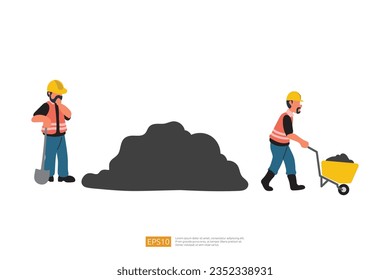 Konstrukteur mit Schaufel- und Rollkarren, die Kohle oder Asphalt transportieren. Vektor-Illustration von Bauarbeitern