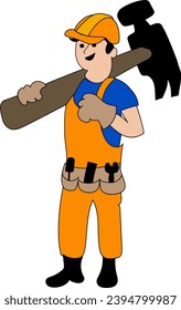 Construction. A builder in a hard hat with a hammer on his shoulder. Tools on the belt. Cartoon. Illustration on a transparent background. Vector.