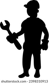 Construction. A builder in a hard hat holds a wrench in his hand. Tools on the belt. Cartoon. Illustration on a transparent background. Vector. Silhouette.