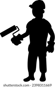 Construcción. Un constructor con casco sostiene un rodillo de pintura en la mano. Herramientas en el cinturón. Caricatura. Ilustración sobre un fondo transparente. Silhouette vectorial.