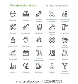 Construction and Builder Icons - Outline styled icons, designed to 48 x 48 pixel grid. Editable stroke.