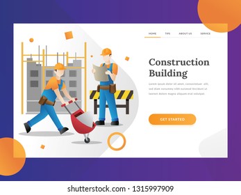 Construction builder landing page. Building and construction industry cartoon background with workers. Construction team at the facility under construction. Vector illustration