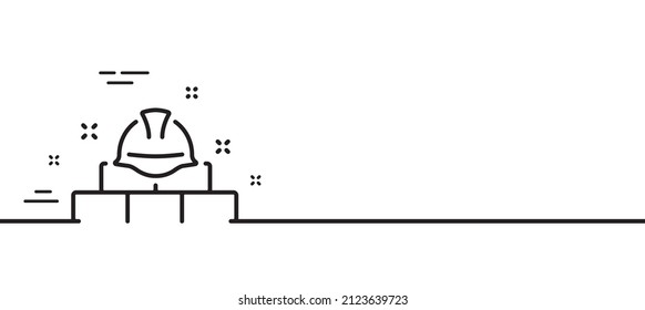 Construction builder line icon. Engineer or architect helmet sign. Bricks symbol. Minimal line illustration background. Construction bricks line icon pattern banner. White web template concept. Vector