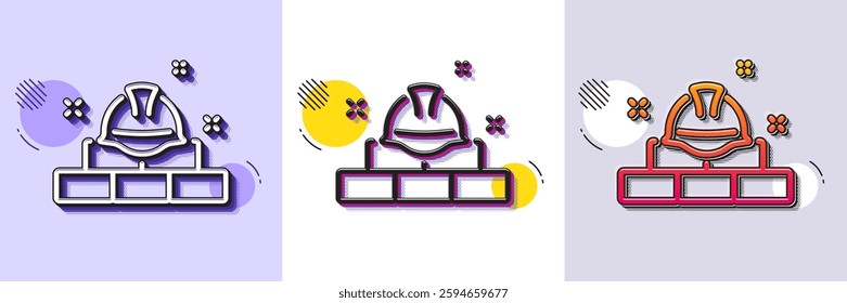 Construction builder line icon. Halftone dotted pattern. Gradient icon with grain shadow. Engineer or architect helmet sign. Bricks symbol. Line construction bricks icon. Various designs. Vector