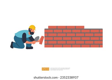 El personaje masculino del constructor de construcciones está construyendo una pared de ladrillos. Ilustración vectorial del trabajador de la construcción