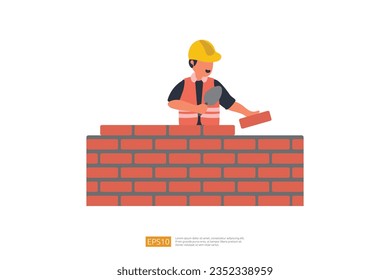 Construction Builder Man Character is Building a Brick Wall. Vector Illustration of Construction Worker
