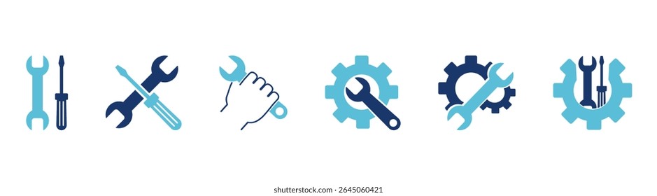 Conjunto de ícone de equipamento de ferramentas do construtor de construção, instrumento mecânico de reparo do engenheiro. Traçado editável. Ilustração vetorial.