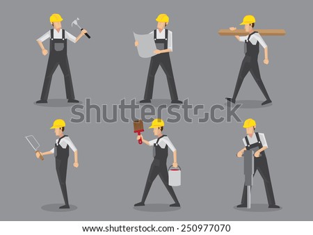 Construction builder in yellow helmet and overall work clothes working with building tools and equipment. Set of six vector character design isolated on grey background