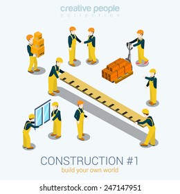 Construction Builders People Set Flat 3d Web Isometric Infographic Concept Vector. Yellow Uniform Building Constructor Worker Staff Brick Box Ruler Window. Build Your World Creative People Collection.