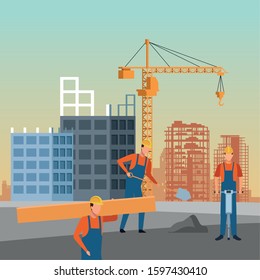 construction builders working on under construction scenery background, colorful design, vector illustration