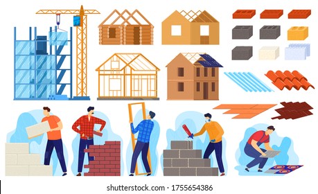 Construction building activity vector illustration. Cartoon flat active worker characters build house, builders doing constructing job, working with bricks blocks, floor roof tiles isolated on white