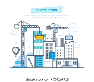 Construction building. Architectural building work process houses with crane, in city and construction machines, with technical equipment, machines. Illustration thin line design of vector doodles.