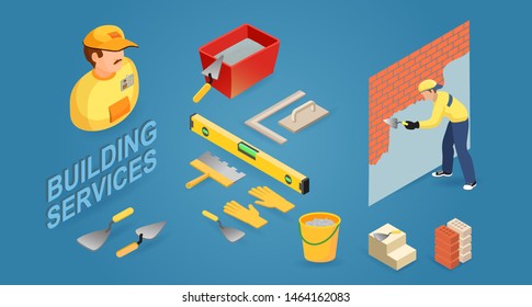 Construction building. Builder is plastering the brick wall. Isometric interior repairs concept. Plasterer in uniform holds a spatula. Worker, tools and fragment of interior. Vector illustration.