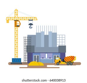 Construction of the building of the cinema with the help of a crane and the import of building materials, work on a concrete mixer. Construction building. Modern vector illustration isolated