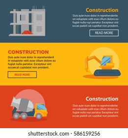 Construction or building company web banners or landing pages templates design. Vector set concrete mixer, excavator and machine and house foundation brickwork