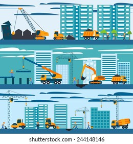 Construction and building concept with builders machines and skyscrapers vector illustration