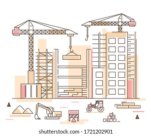 Construction Building Concept Contour Linear Style Include Of Crane, Excavator And Tractor. Vector Illustration Of Lineart