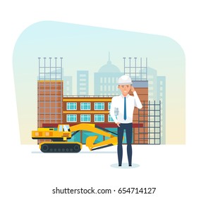 Construction building concept. The man, the project manager, with the technical documentation in hand, stands against the background of the building under construction. Vector illustration