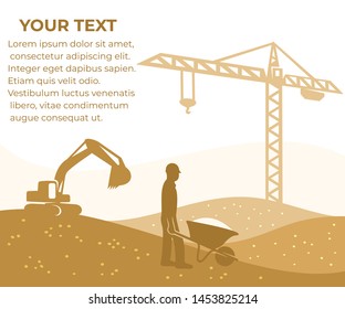 Construction, building and constructing, banner with your text. Tower crane, excavator and builder with a wheelbarrow, vector design and illustration