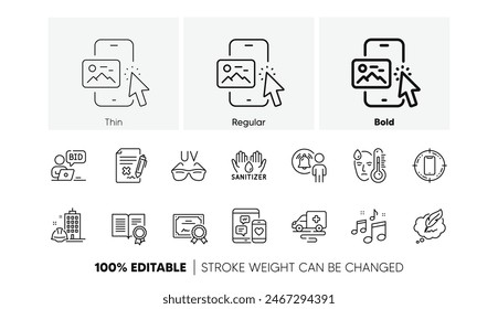 Edificio de construcción, chat de Derechos de autor e íconos de línea de Imagen de teléfono. Paquete de gafas de sol, diploma, icono de archivo de rechazo. Transporte de ambulancia, objetivo de smartphone, pictograma musical. Fiebre. Iconos de línea. Vector