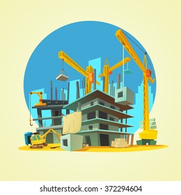 Construction with building crane and excavator on yellow background cartoon vector illustration 