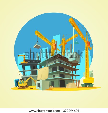 Construction with building crane and excavator on yellow background cartoon vector illustration 