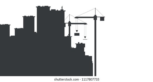 Construction with building cranes. Black contours isolated on white background. Vector illustration