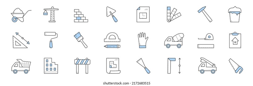 Bau und Bau von Doodle-Symbolen. Rollkarren mit Sand, Kranich, Ziegelwand, Hocker, Palette und Blaupause. Hammer, Malkeisen, Betonmischer, Walze, Zähler, Malpinsel und Sägereien