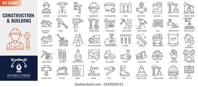 Bau und Gebäude bearbeitbare Stroke Line Icon-Set. Enthaltend Gebäude, Bau, Design, Engineering, Ausrüstung, Industrie, Entwicklung . Vektorgrafik