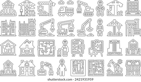 Construction and building element set of icons. including architecture, a crane, a building, a piece of land, an excavator, maintenance, a contractor, and labor. Vector set of solid icons.