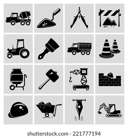 Construction and building engineer equipment black icons set isolated vector illustration