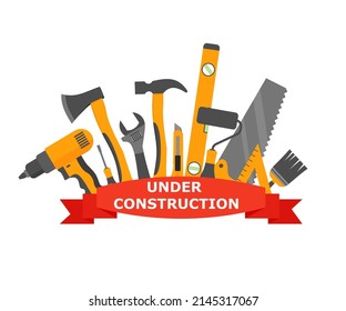 Construction and building equipment banner. saw ax level, painter brush hammer wrench screwdriver. illustration in flat style. Eps 10