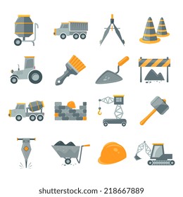 Construction and building equipment icons set isolated vector illustration