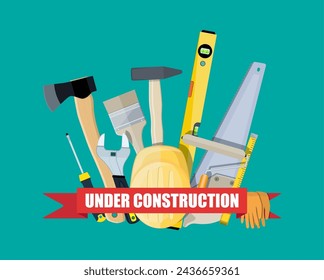 construction and building equipment. saw ax helmet level painter brush hammer wrench screwdriver. vector illustration in flat style