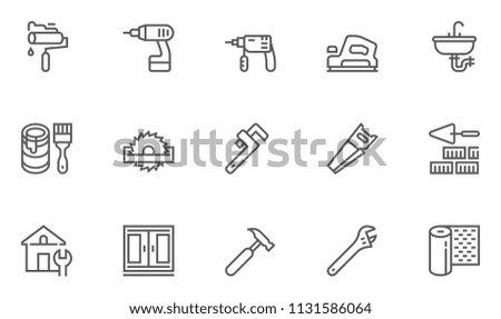 Construction, Building, Home Repair And Tools Vector Line Icons Set. Plumbing, Electrical, Windows, Building And Home Improvement. Editable Stroke. 48x48 Pixel Perfect.