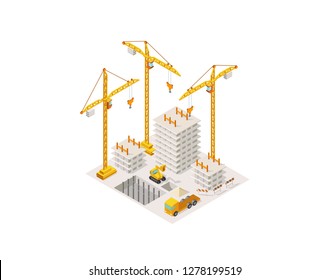 Construction building a house isometric. Lifting crane. Process of construction concrete frame building area.