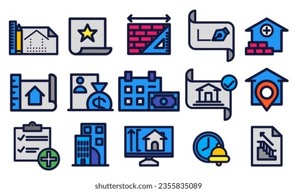 Diseño plano de iconos de construcción. Conjunto de iconos de proyecto de construcción de estilo plano.