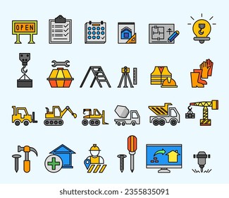 Diseño plano de iconos de construcción. Conjunto de iconos de proyecto de construcción de estilo plano.