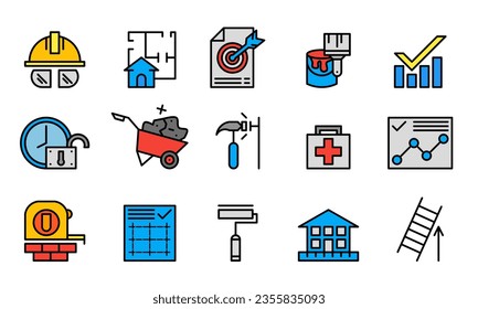 Diseño plano de iconos de construcción. Conjunto de iconos de proyecto de construcción de estilo plano.