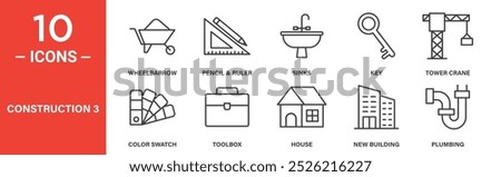 Construction and Building Icon Set: 10 Line Icons Including Wheelbarrow, Toolbox, Tower Crane, and Plumbing